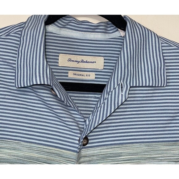 Tommy Bahama Mens Large 100% Silk Hawaiian Shirt Short Sleeve Blue Striped Soft - Picture 4 of 5